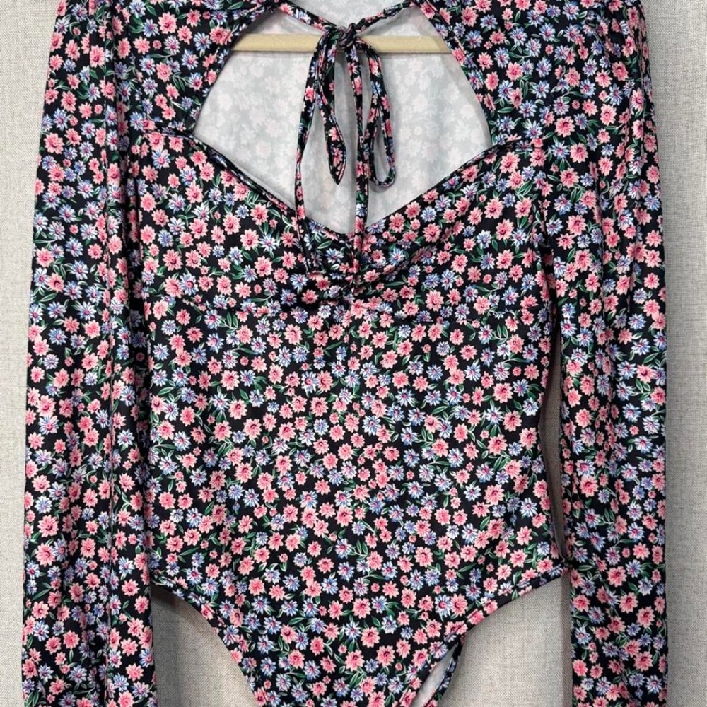 SHEIN Floral Long Sleeve Bodysuit Pink Green Tie Back Cutout Womens Size M